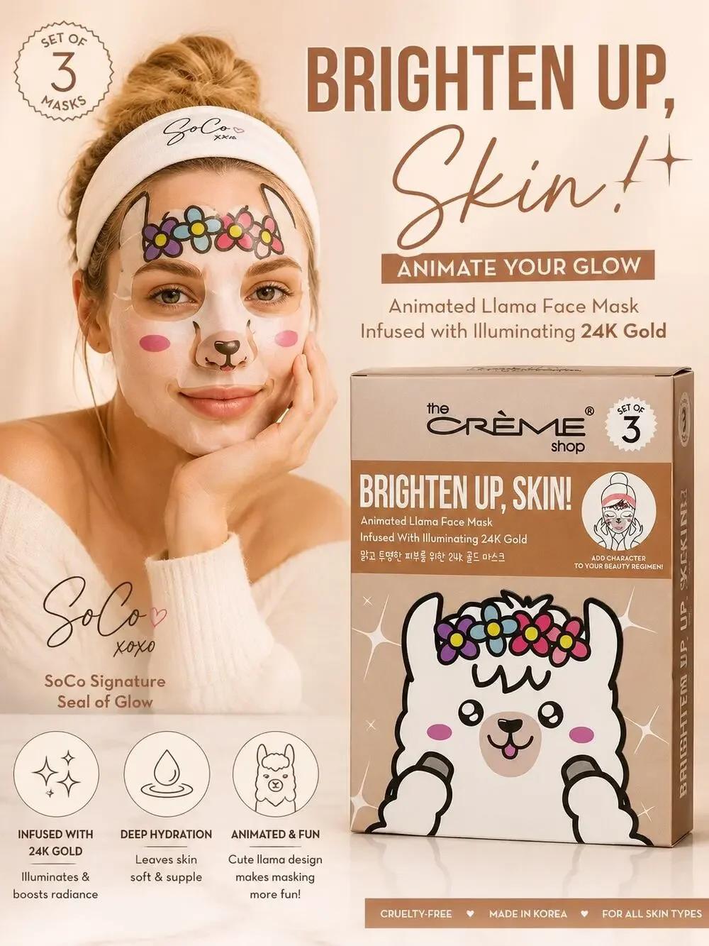 The Crème Shop Brighten Up Skin Llama Sheet Mask Set of 3 24K Gold K-Beauty